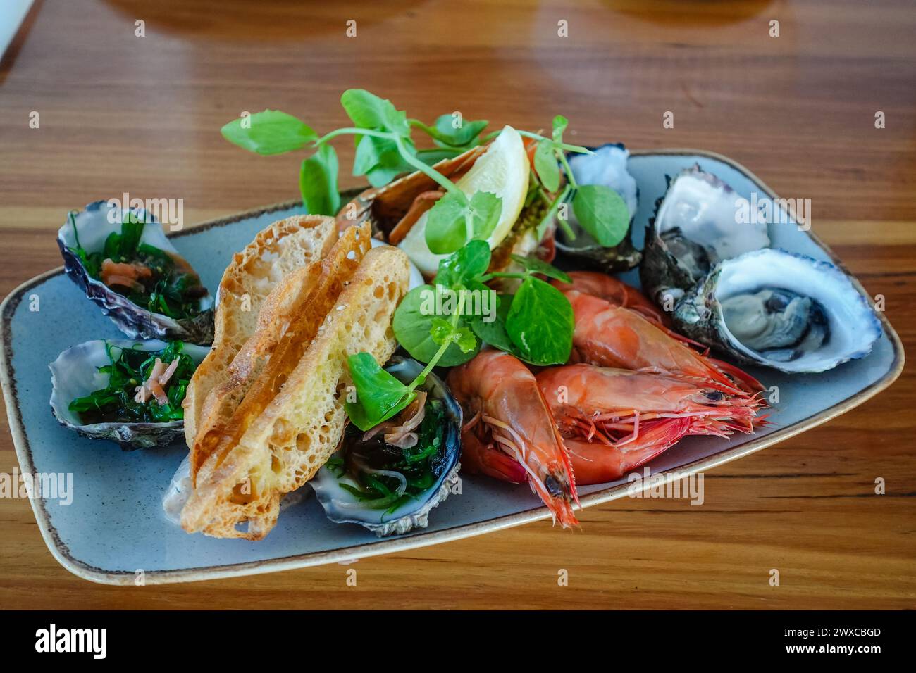 oyster, shrimp and shellfish seafood appetizer inside an australian restaurant Stock Photo