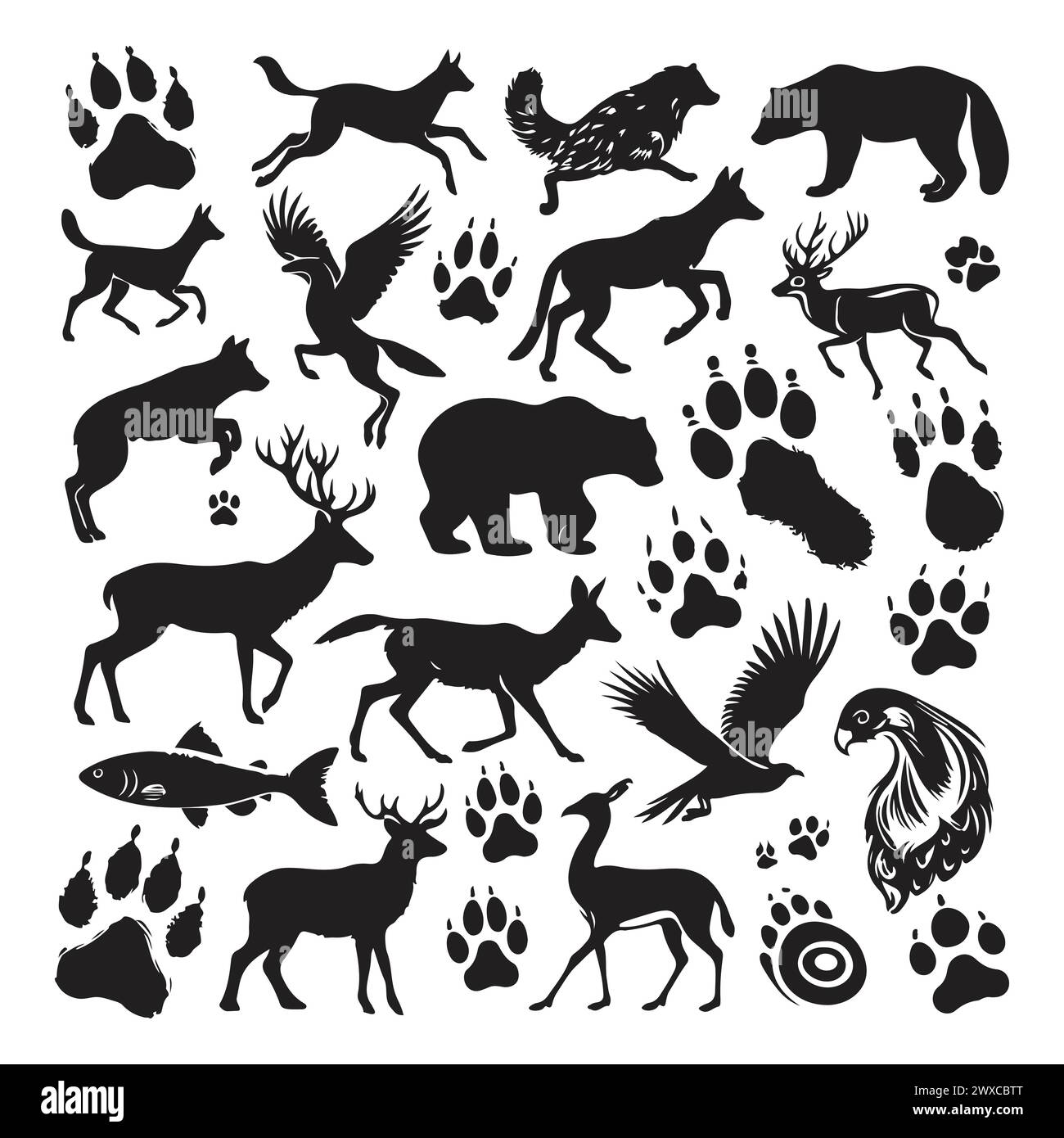 Silhouette set of different animals and their footprint Stock Vector