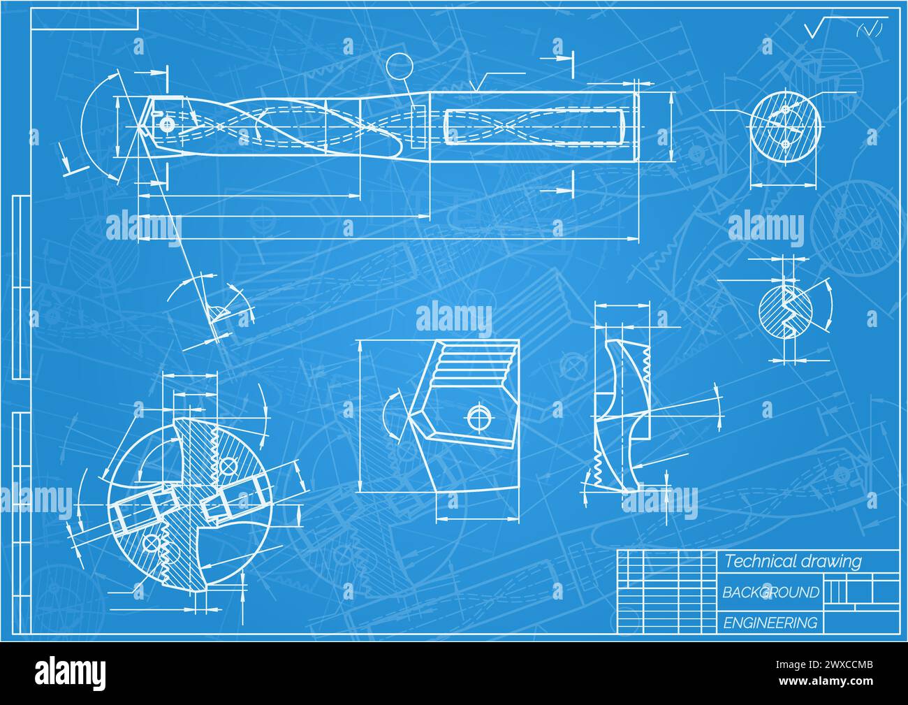 Mechanical engineering drawings on blue background. Drill tools, borer