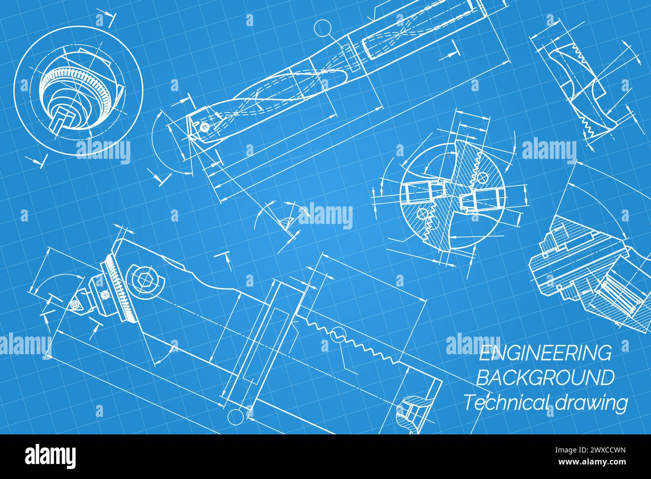 Mechanical engineering drawings on blue background. Drill tools, borer
