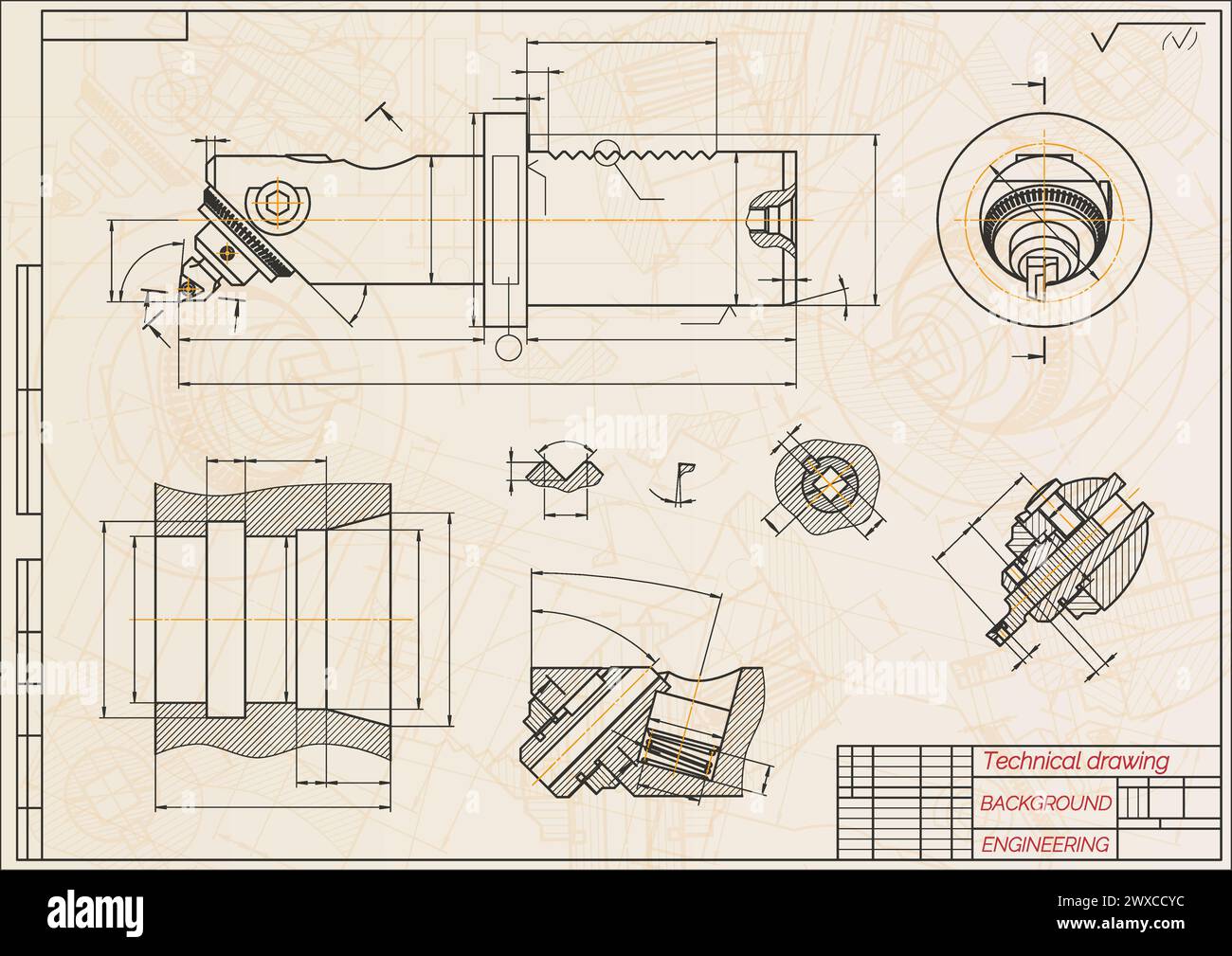 Mechanical engineering drawings on blue background. Boring bar with