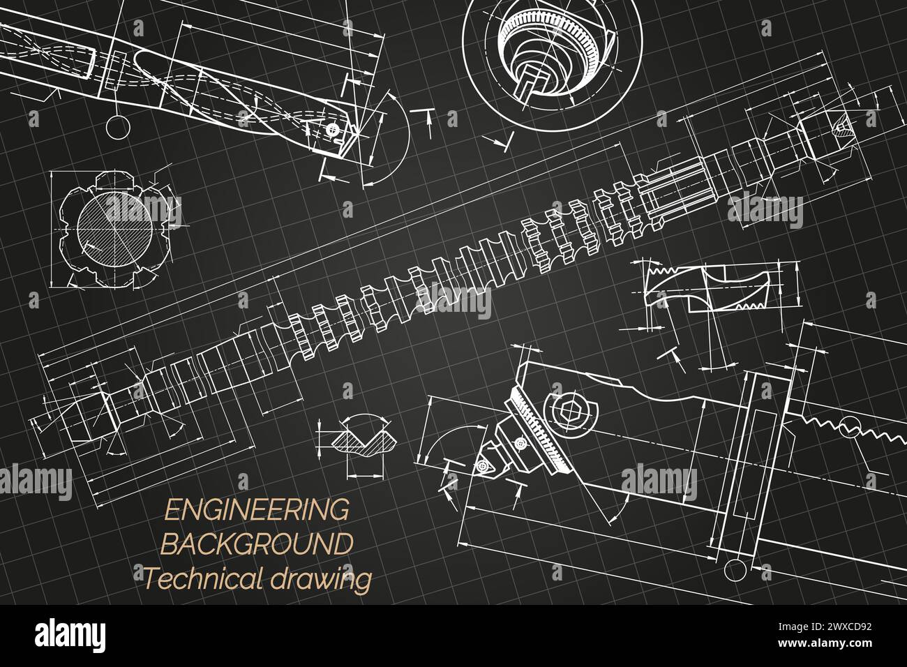 Mechanical engineering drawings on blue background. Drill tools, borer
