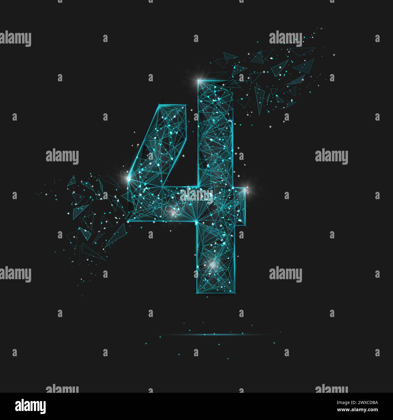 Abstract isolated blue image of a number four. Polygonal illustration looks like stars in the blask night sky in spase or flying glass shards. Digital Stock Vector