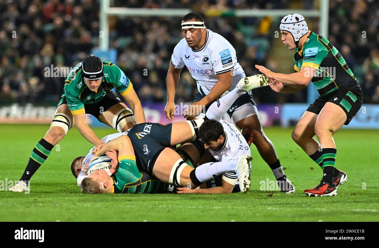 Northampton ENGLAND -  March 29-2024 :  During the  match between  Northampton Saints and Saracens Rugby   at cinch Stadium  Franklin’s Gardens.  Northampton Stock Photo