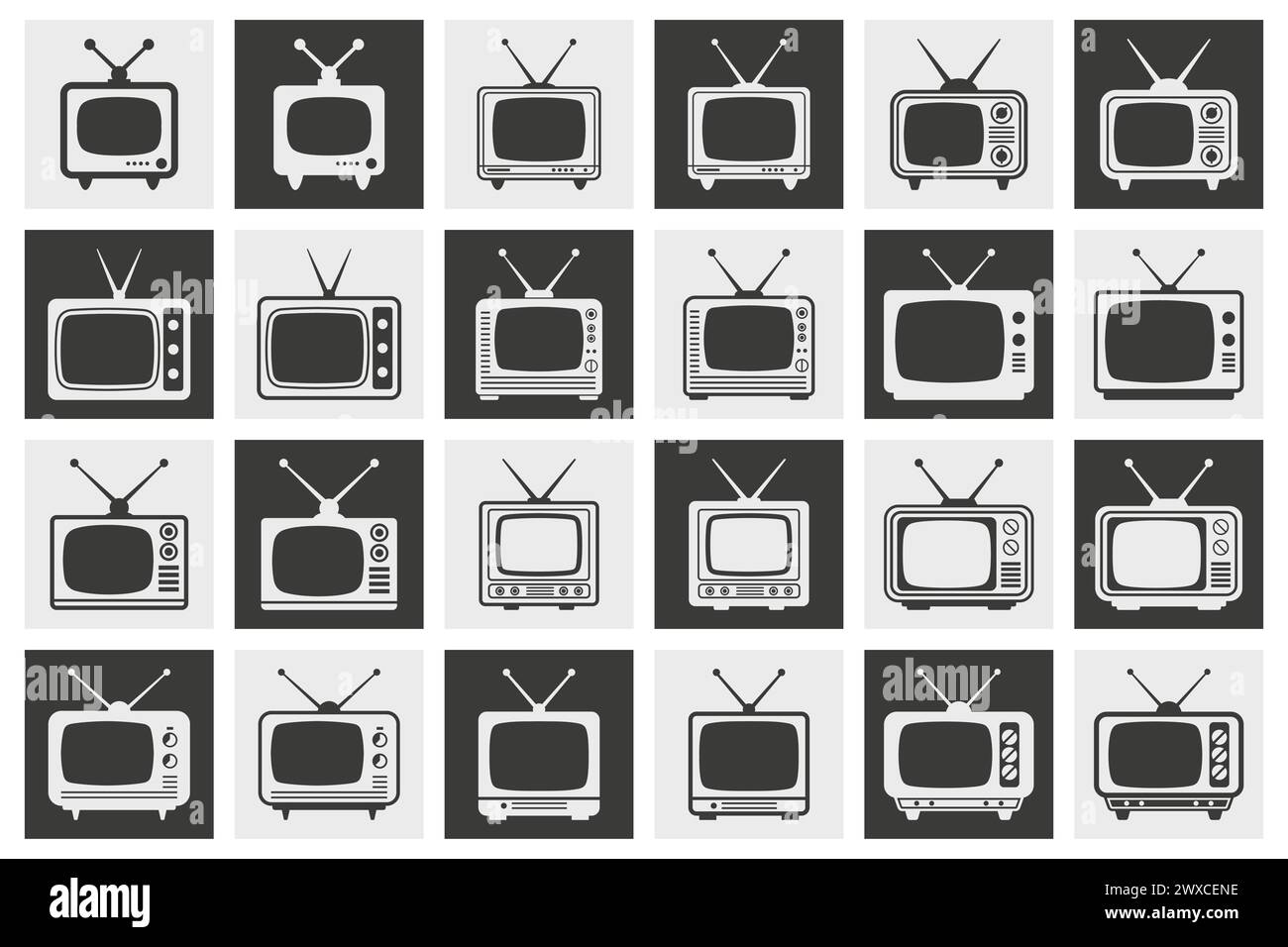 Flat Vector Retro TV Simple Icon Set. Vintage TV Design Template, Clipart. Classic Retro TV Receiver Collection Stock Vector