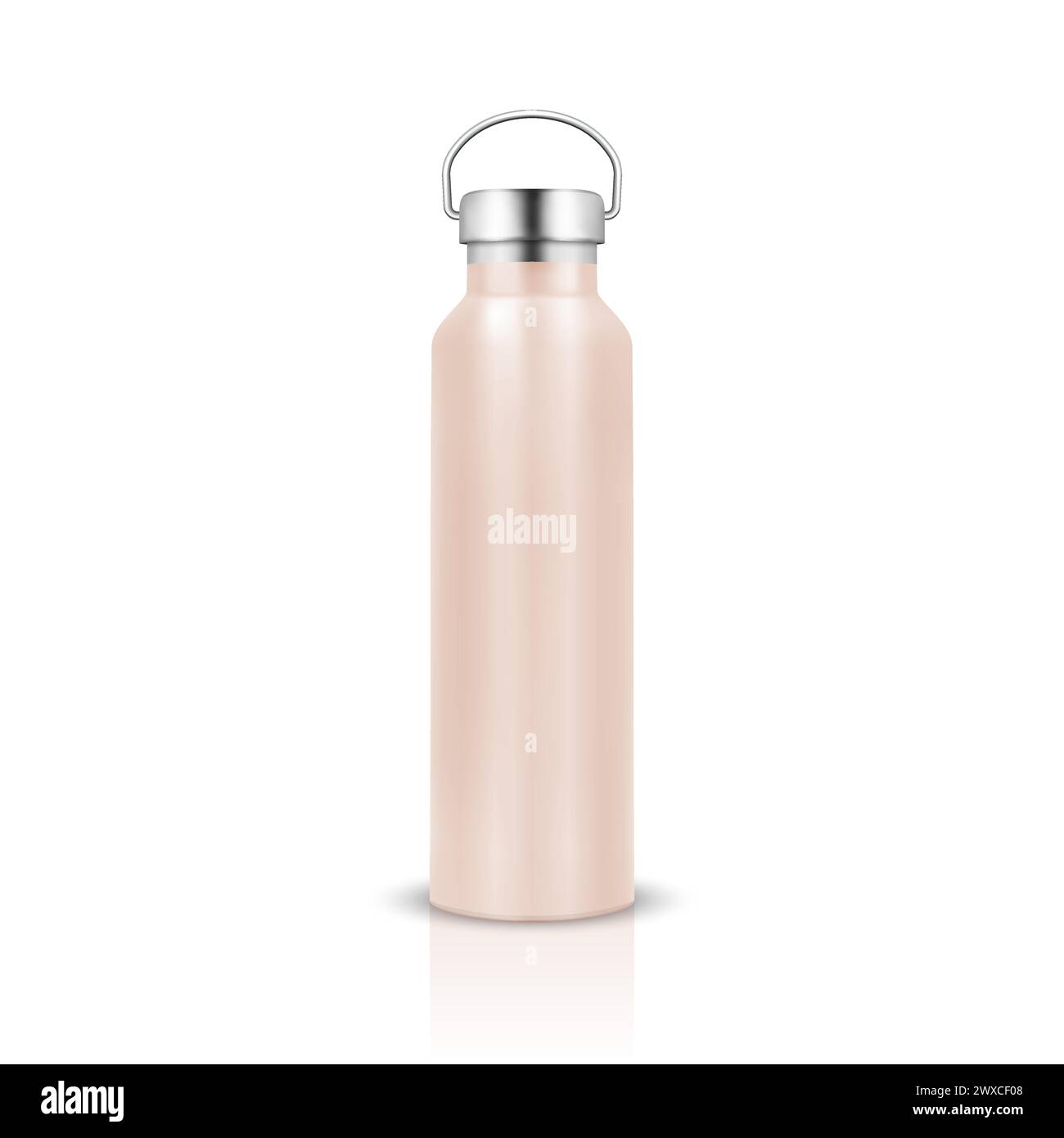 Vector Realistic 3d Pink Color Metal or Plastic Blank Glossy Reusable Water Bottle with Silver Bung Closeup Isolated on White Background. Design Stock Vector