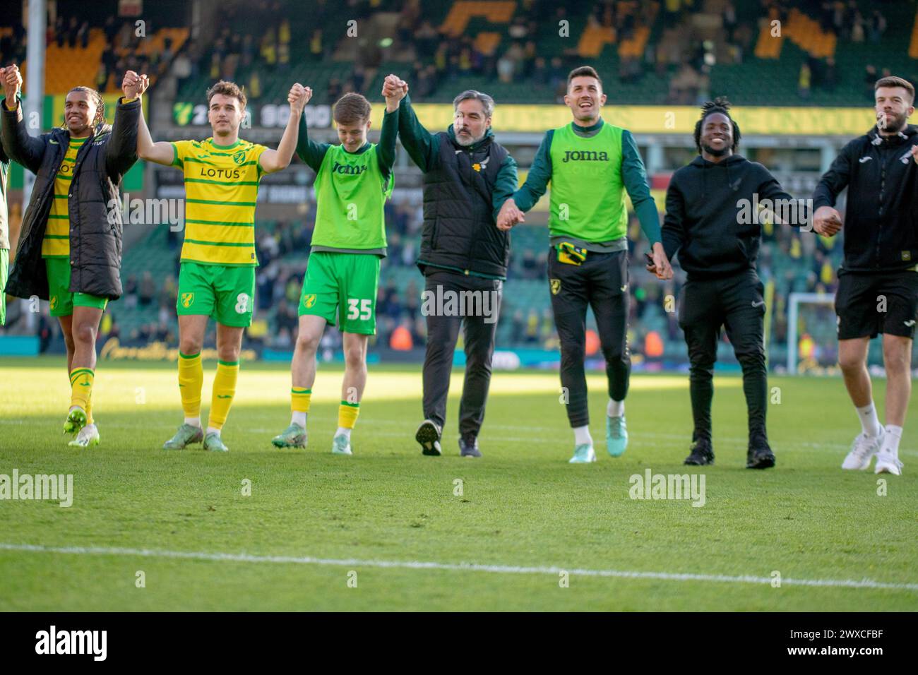 Norwich City players celebrating with Norwich City Manager David Wagner ...