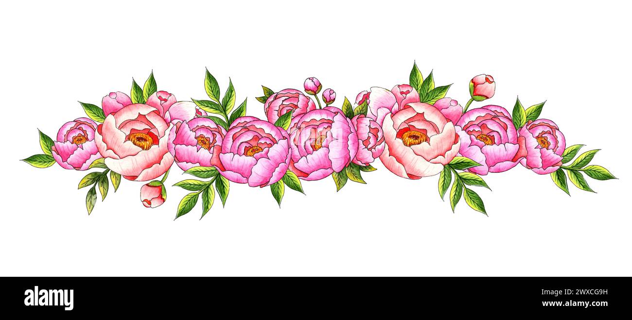 Watercolor illustration of a wreath border of pink peonies with buds and leaves. Botanical composition isolated from background. Great pattern for kit Stock Photo