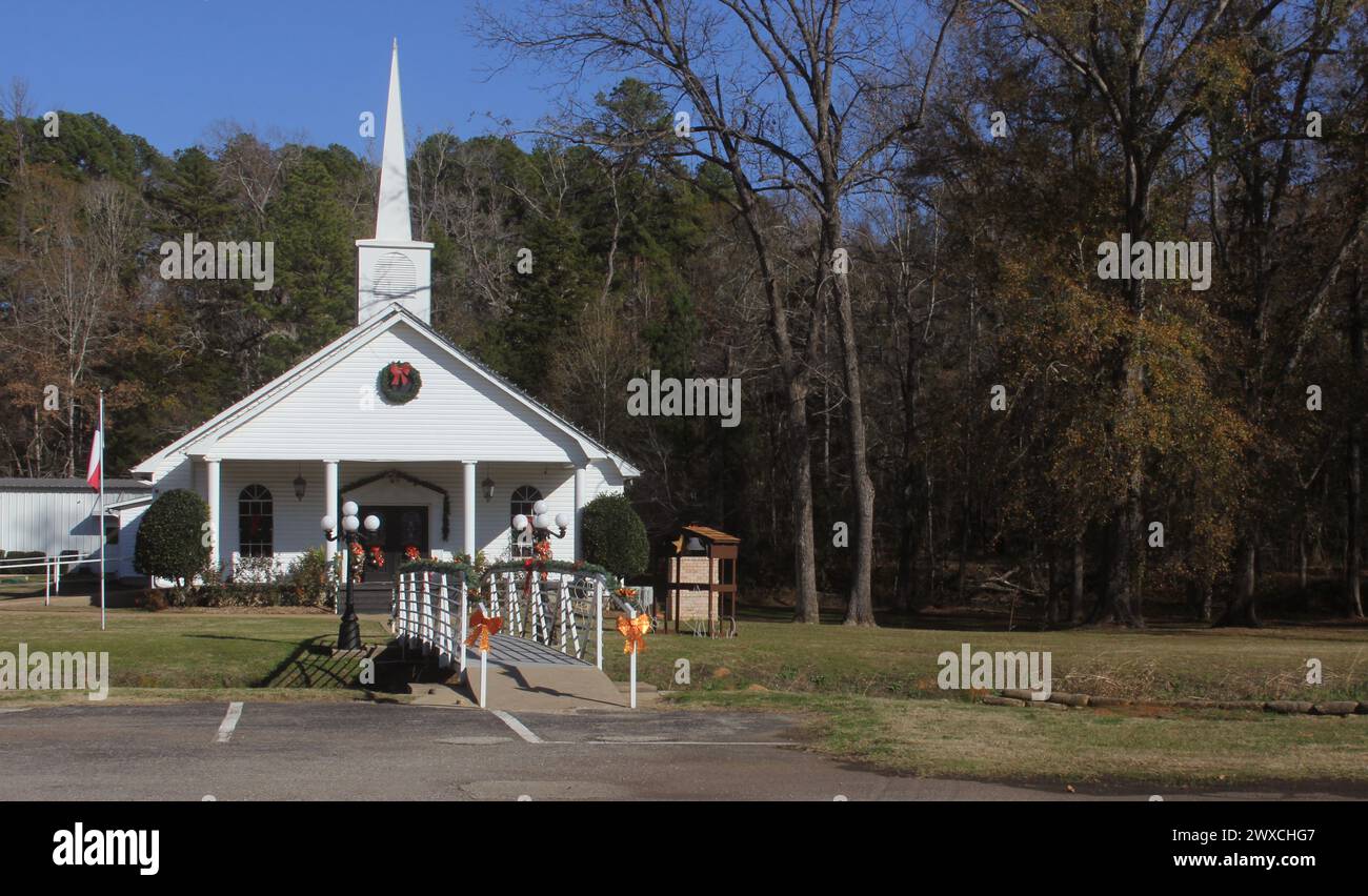 Small White Church in Rural East Texas With Christmas Decorations and Blue Sky Rural East Texas Stock Photo