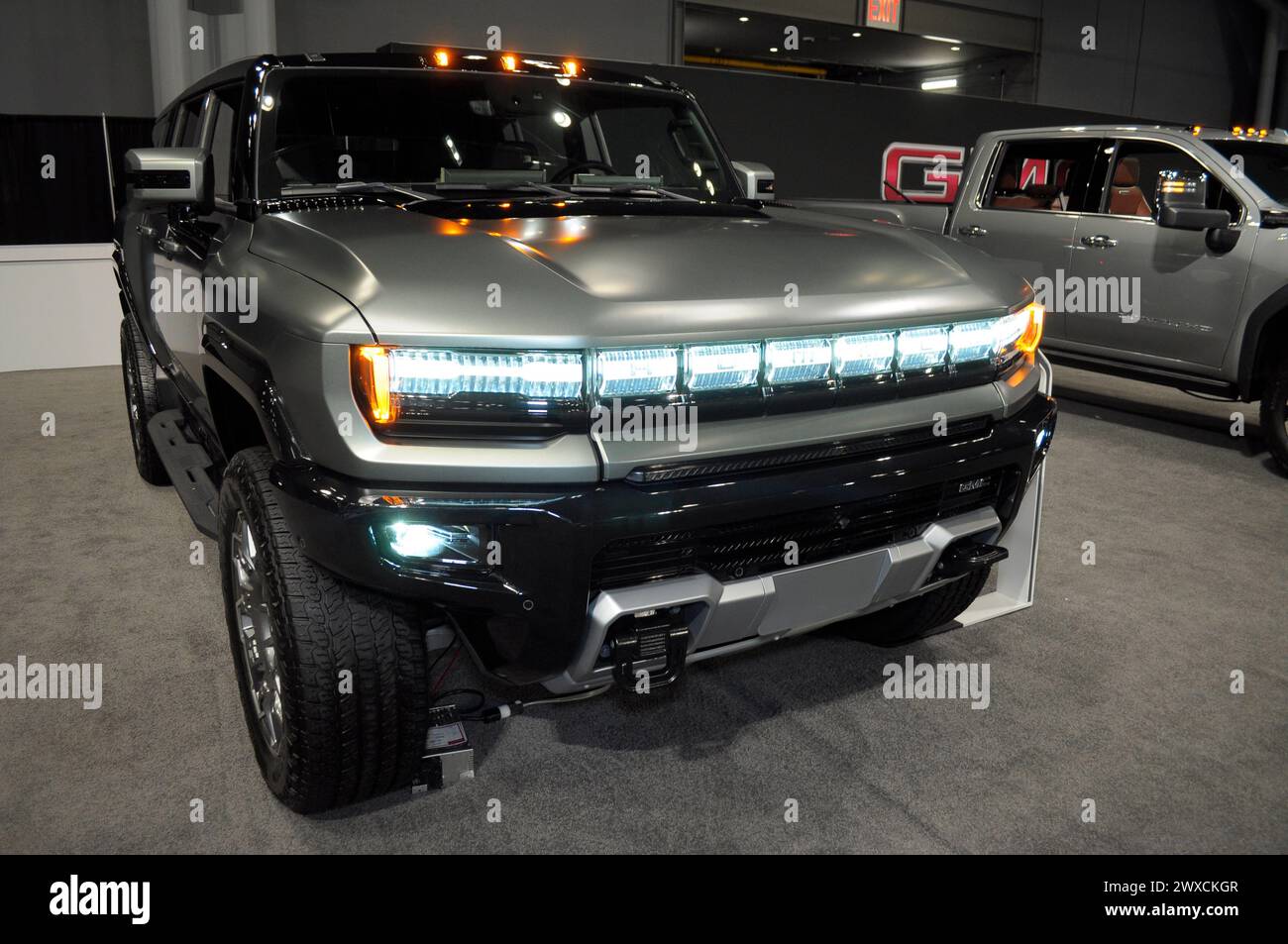 A GMC Hummer Electric Vehicle Edition is seen on the second media day at the 2024 New York International Auto Show in the Jacob K. Javits Convention Center. The annual NYIAS in Manhattan, New York City featured various car companies, debuts of new vehicles and automobile industry professionals. The show which opens to the public on March 29 and ends on April 7, attracts thousands of car enthusiasts. The NYIAS began in 1900 showcasing automobiles and examples of future car technology. (Photo by Jimin Kim/SOPA Images/Sipa USA) Stock Photo