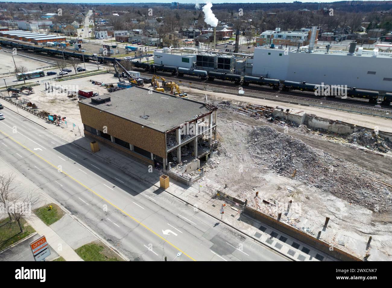 London, Canada. 29th Mar, 2024. End of an era, The final remains of the London Free Press building during the demolition.  Credit: Luke Durda/Alamy Stock Photo