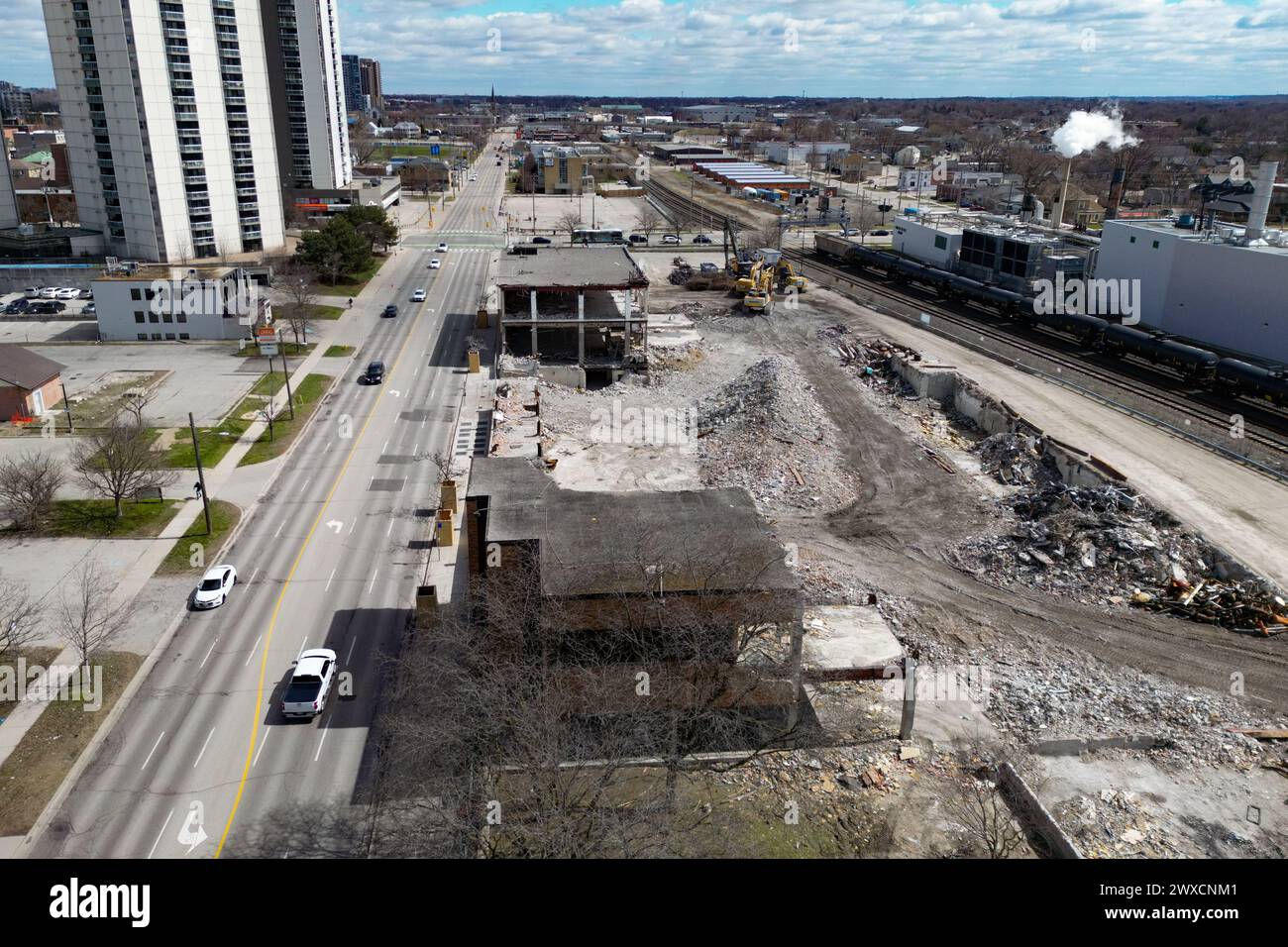 London, Canada. 29th Mar, 2024. End of an era, The final remains of the London Free Press building during the demolition.  Credit: Luke Durda/Alamy Stock Photo