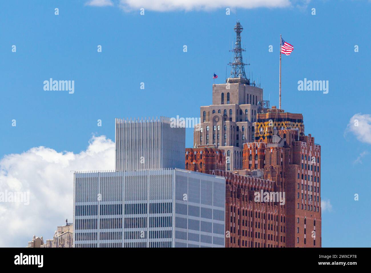 The red-brick Guardian Building, the metallic One Woodward, and the Penobscot Building in Downtown Detroit, Michigan, USA. Stock Photo