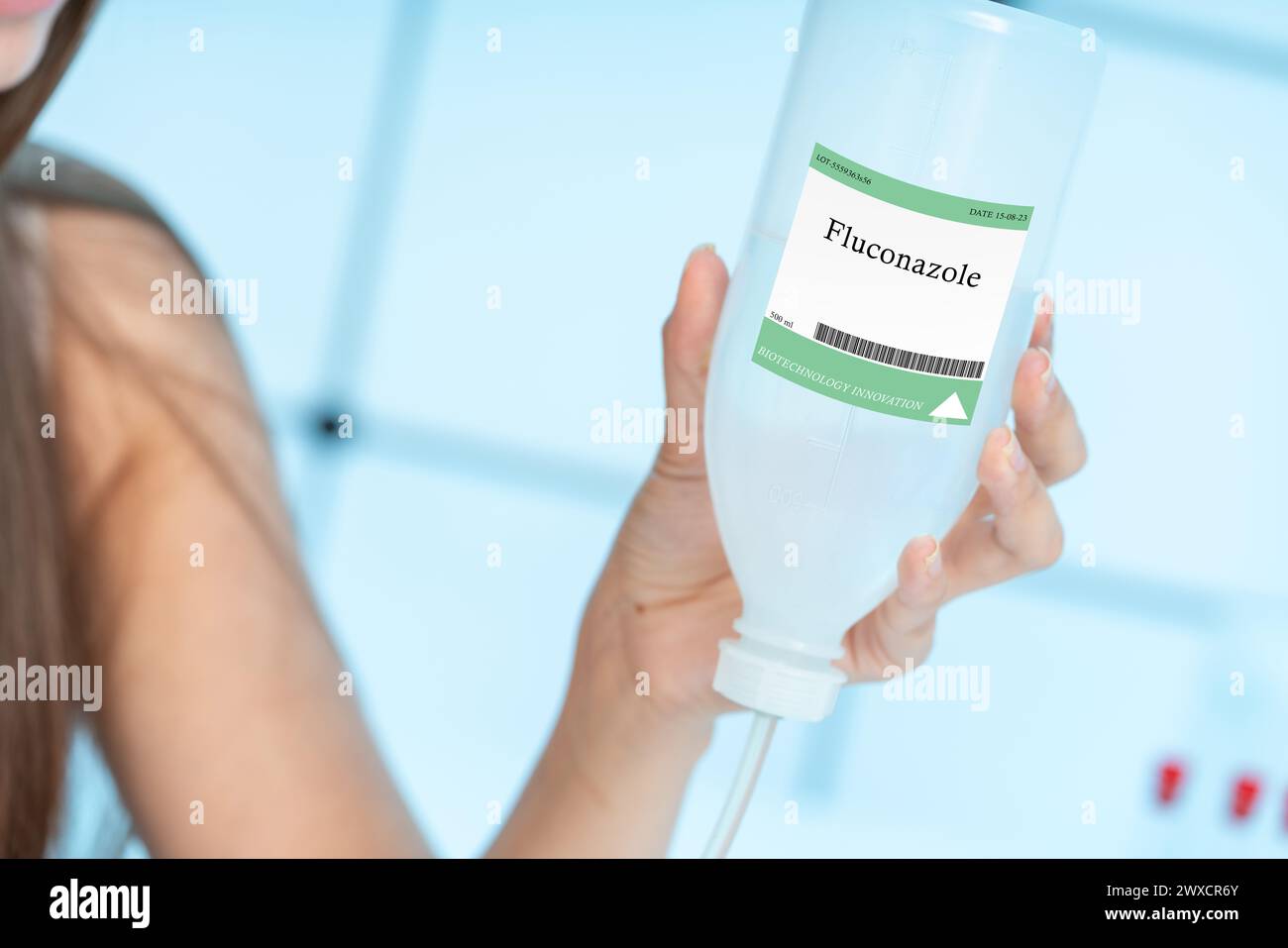 Fluconazole intravenous solution, conceptual image. An antifungal medication used to treat fungal infections. Stock Photo
