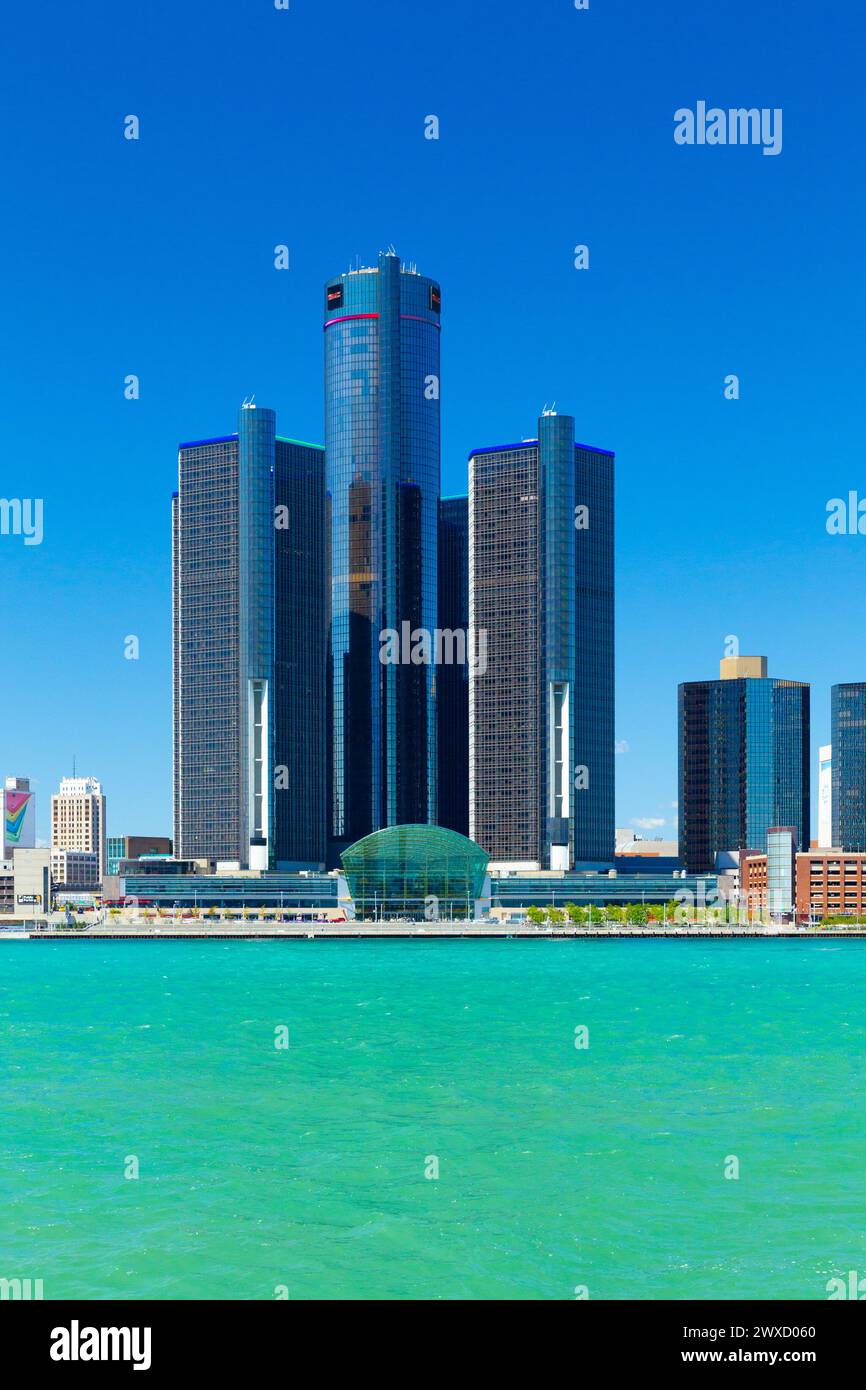 The Renaissance Center in Detroit, Michigan, USA, seen from the Detroit River. It is the location of the General Motors world headquarters, a Marriott Stock Photo