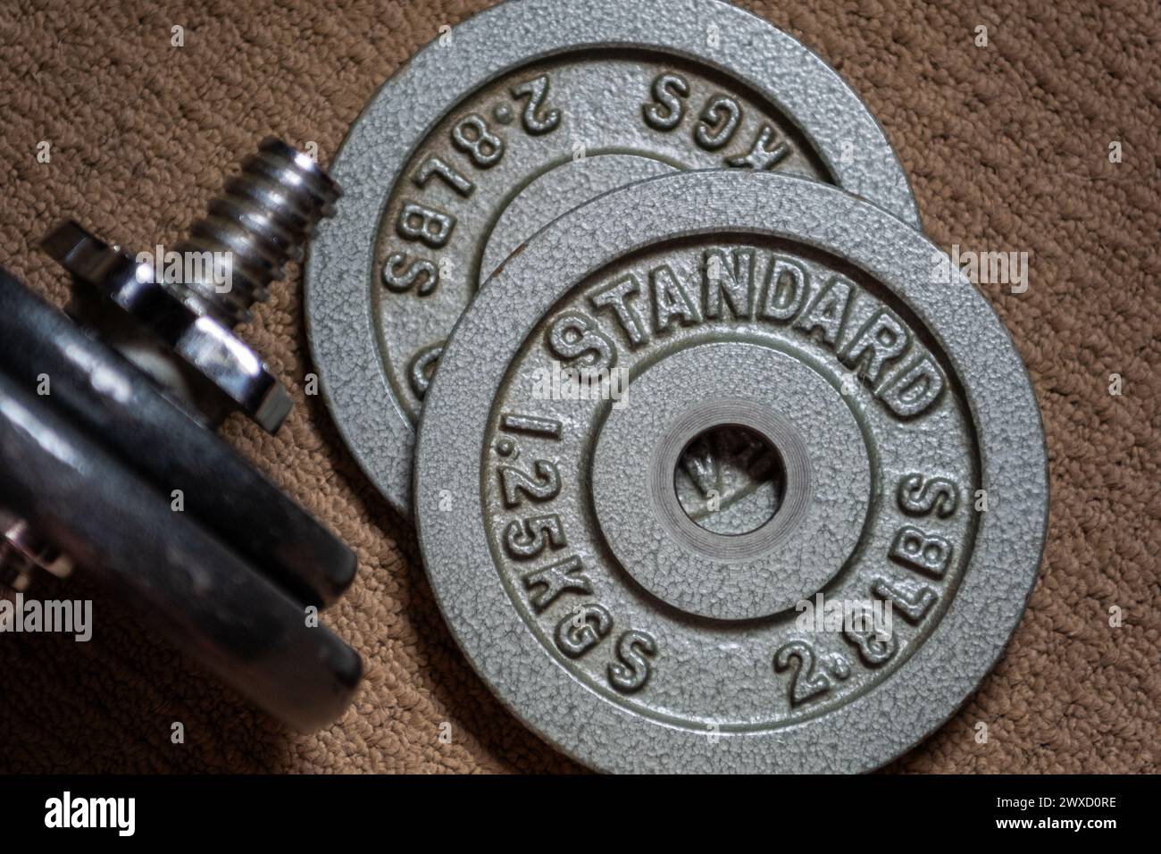 Old used gym weights. Close up on worn dumbbell, fitness equipment in