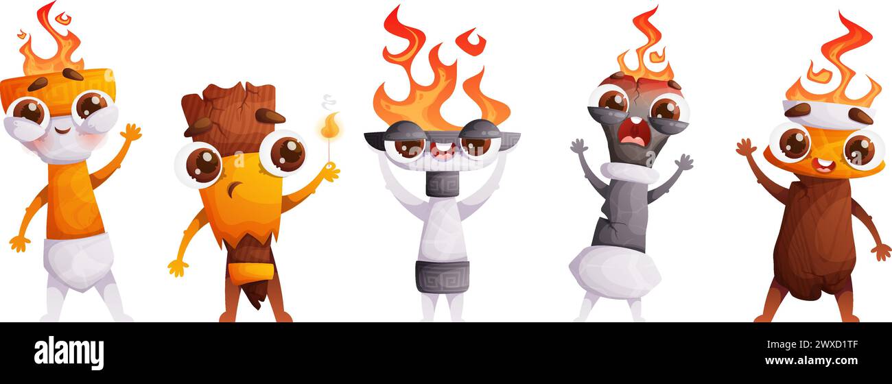 Set of five cute characters Medieval torches with burning flames. Emotional Antique torches of different shapes with fire. Symbol of the Olympics Stock Vector