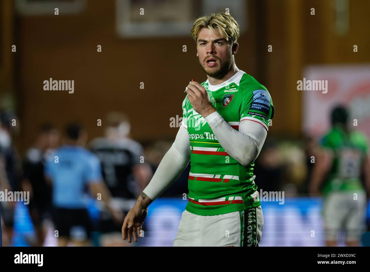 Newcastle, UK. 12th Jan, 2024. Ollie Hassell-Collins of Leicester Tigers looks on during the Gallagher Premiership match between Newcastle Falcons and Leicester Tigers at Kingston Park, Newcastle on Friday 29th March 2024. (Photo: Chris Lishman | MI News) Credit: MI News & Sport /Alamy Live News Stock Photo
