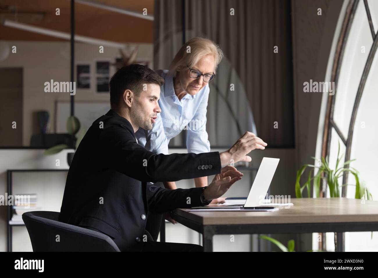 Two younger and elder business professionals discussing project tasks Stock Photo