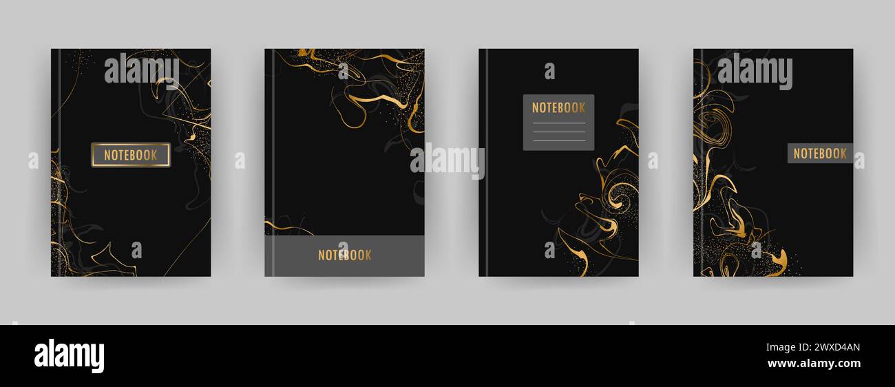 Cover page notebook collection. Templates with golden liquid texture. Perfect for diary, books, magazines, journals, catalogs, planners and flyers Stock Vector