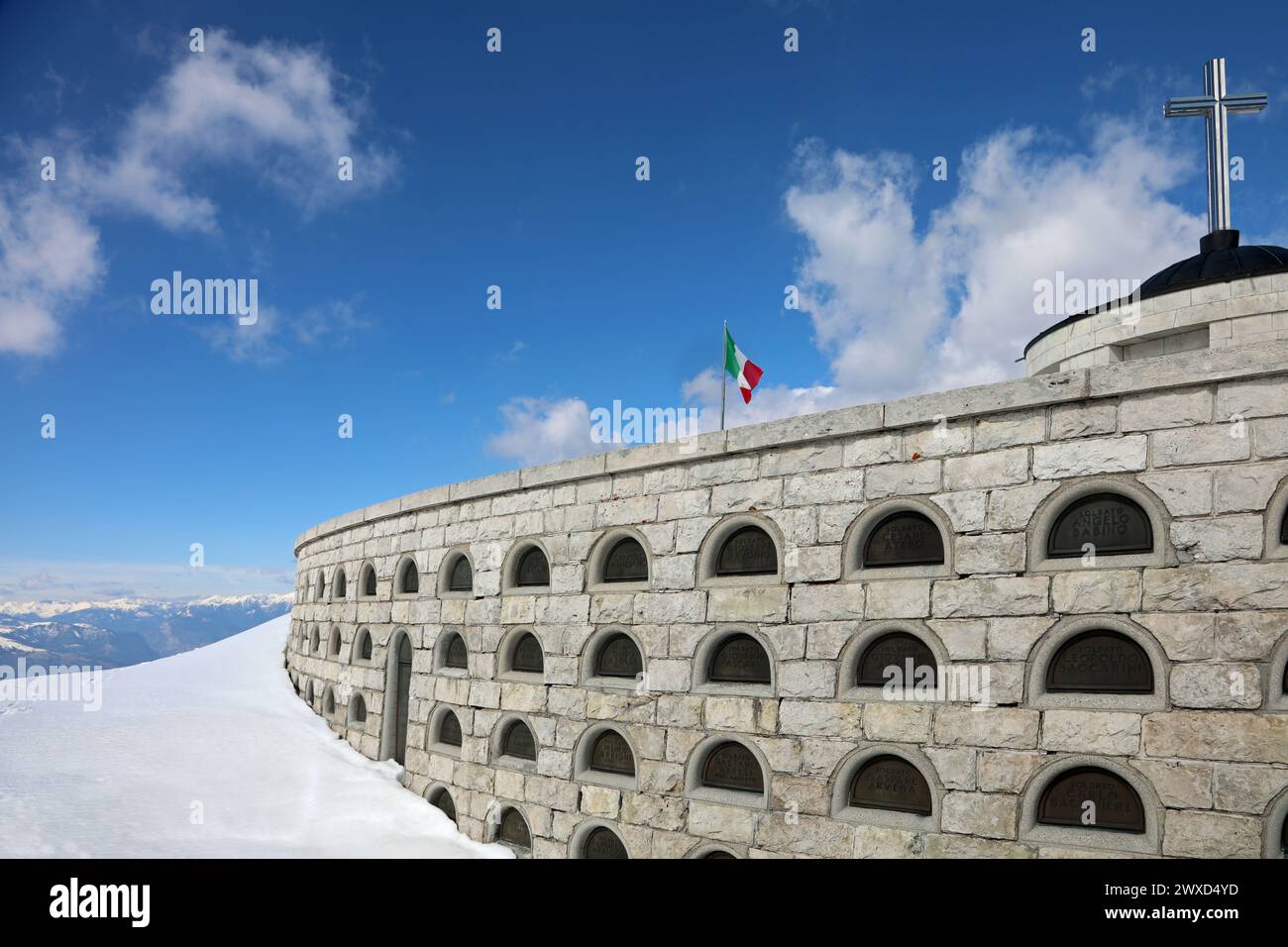 Pieve, TV, Italy - March 13, 2024:Niches of Italian  Military Memorial an ossuary of the First World War with snow Stock Photo