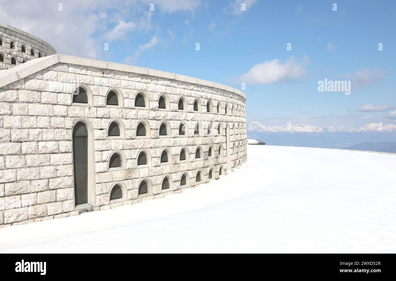 Pieve, TV, Italy - March 13, 2024: Military Memorial of Monte Grappa burial niches with the names of dead soldiers in winter Stock Photo