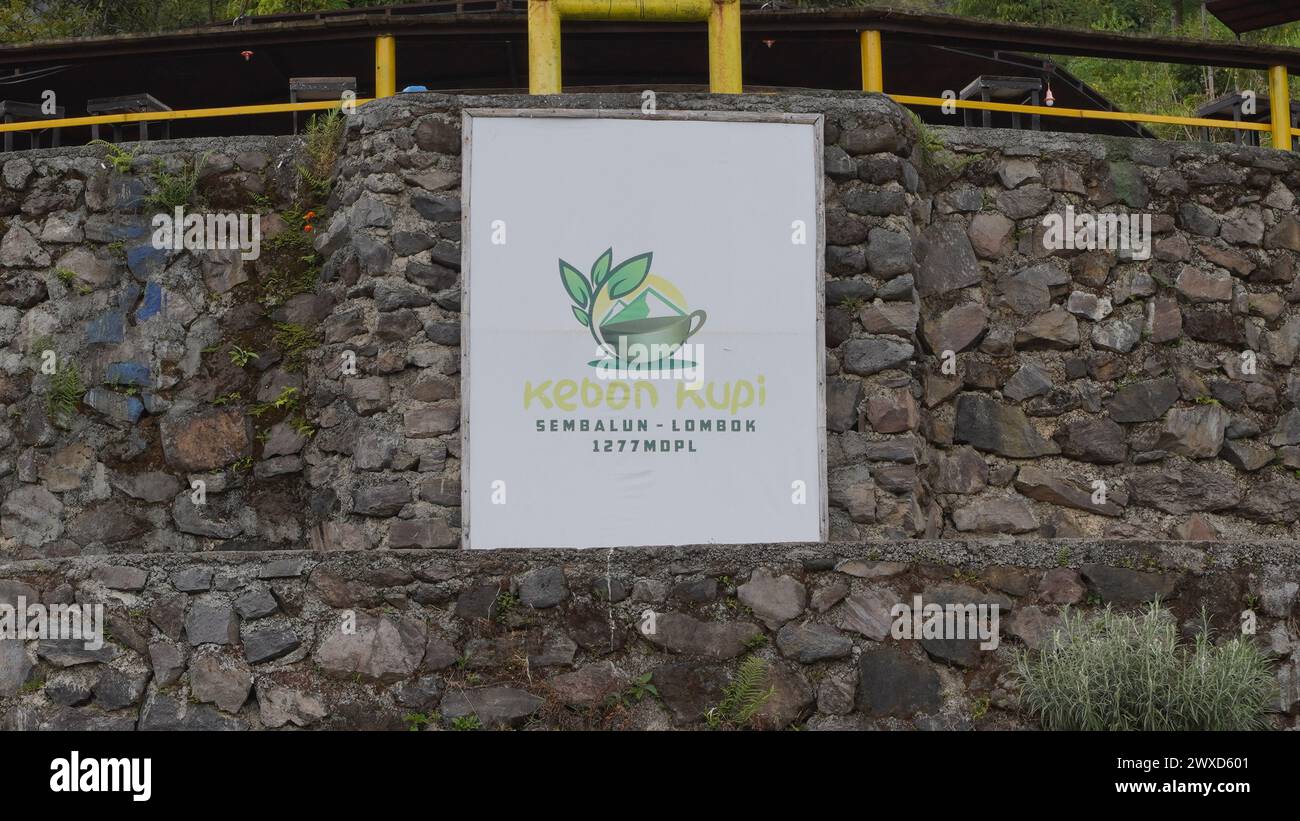 The sign and logo of the Kebon Kupi cafe in Sembalun Lombok at an altitude of 1277 meters above sea level at the entrance to the cafe Stock Photo