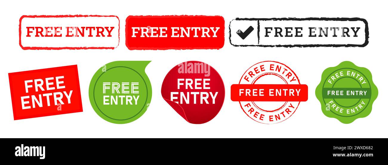 free entry rectangle circle stamp and speech bubble label sign for admission register Stock Vector
