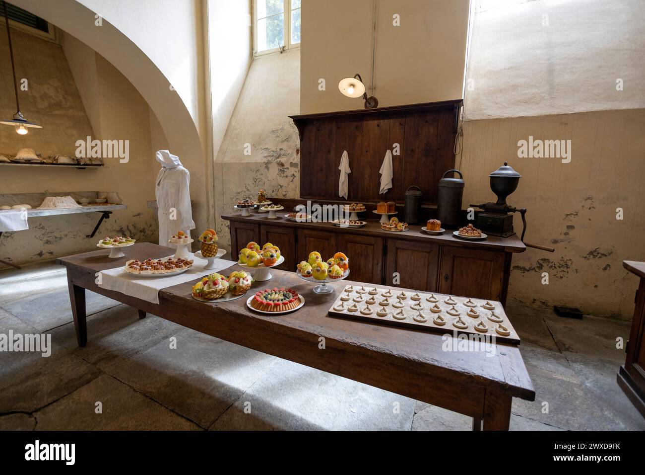 RACCONIGI, ITALY, MAY 14, 2023 - The spacious kitchens in the Castle of Racconigi, province of Cuneo, Piedmont, Italy Stock Photo