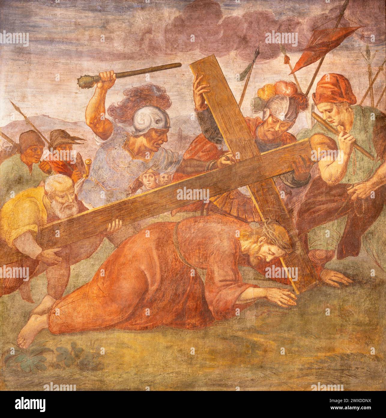 MILAN, ITALY - MARCH 4, 2024: The fresco Jesus fall under the cross in the church Chiesa di Santa Maria alla Fontana by unknown artist. Stock Photo