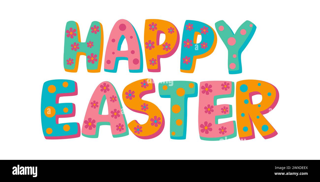 Happy Easter lettering isolated on white background. Cartoon text Happy