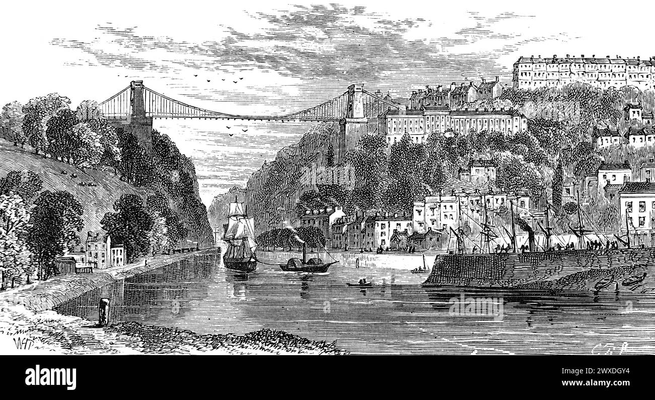 Clifton Suspension Bridge, Bristol, in the 19th century. Black and White Illustration from the 'Our Own Country' published by Cassell, Petter, Galpin & Co. Late 19th century. Stock Photo