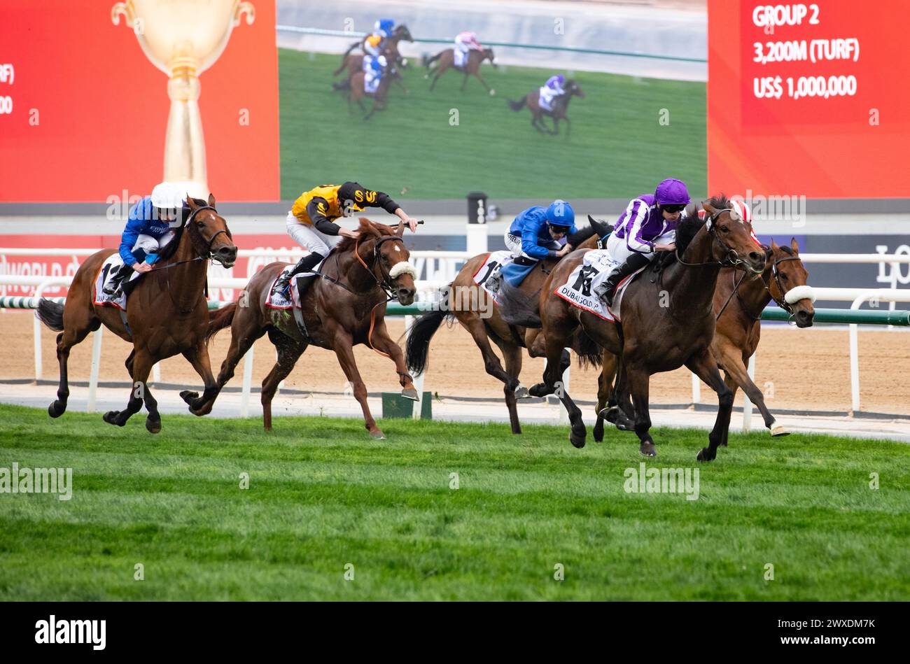 Dubai, United Arab Emirates. Saturday 30th March 2024. Tower of London and jockey Ryan Moore win the 2024 renewal of the Group 2 Dubai Gold Cup sponsored by Al Tayer Motors for trainer Aidan O'Brien and owners Derrick Smith, Michael Tabor, Mrs John Magnier and Westerberg. Credit JTW Equine Images / Alamy Live News Stock Photo