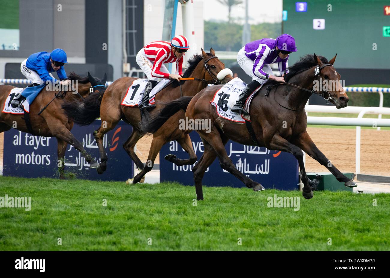 Dubai, United Arab Emirates. Saturday 30th March 2024. Tower of London and jockey Ryan Moore win the 2024 renewal of the Group 2 Dubai Gold Cup sponsored by Al Tayer Motors for trainer Aidan O'Brien and owners Derrick Smith, Michael Tabor, Mrs John Magnier and Westerberg. Credit JTW Equine Images / Alamy Live News Stock Photo