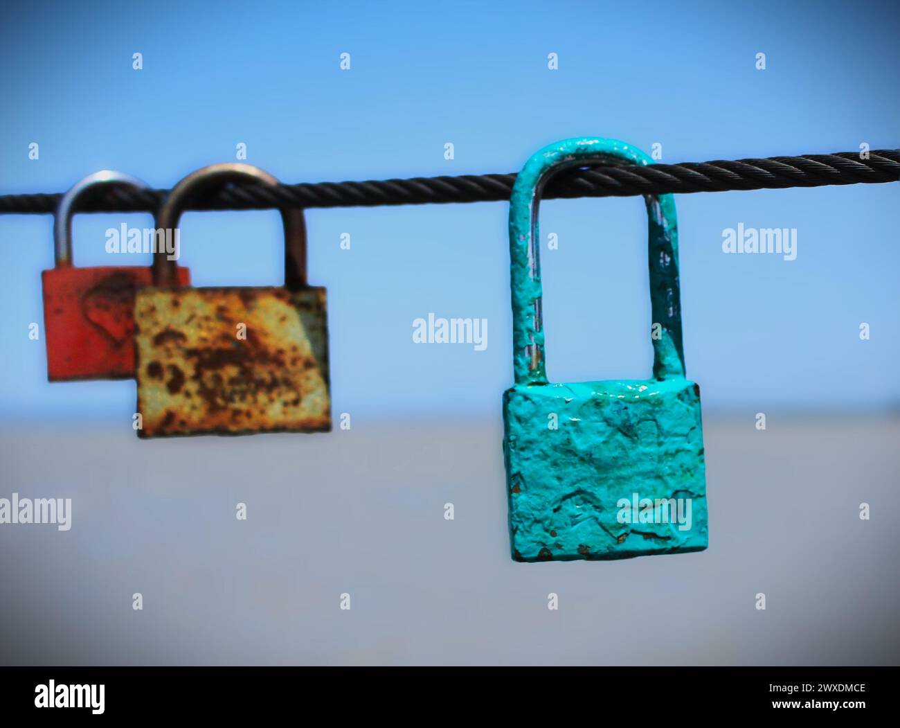 Padlocks, sometimes engraved with the names or initials of love-struck couples, representing eternal love Stock Photo