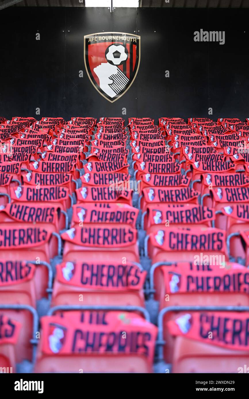 Vitality Stadium, Boscombe, Dorset, UK. 30th Mar, 2024. Premier League Football, AFC Bournemouth versus Everton; Bournemouth club crest with small &#x201c;Cherries&#x201d; towels on seats Credit: Action Plus Sports/Alamy Live News Stock Photo