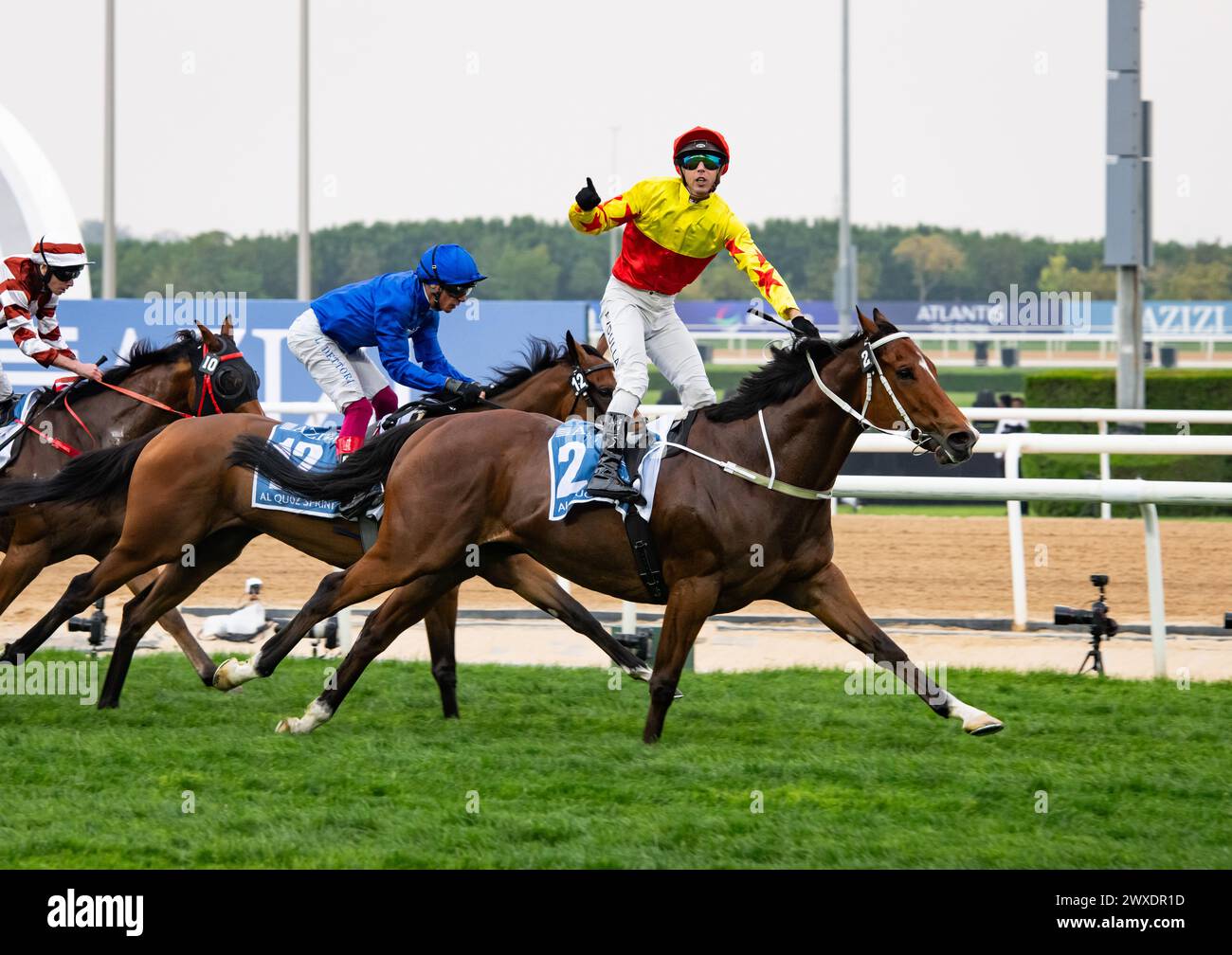 Dubai, United Arab Emirates, Saturday 30th March 2024; California Spangle and jockey Brenton Avdulla win the 2024 renewal of the Group 1 Al Quoz Sprint sponsored by Azizi Developments for trainer Anthony Da Cruz and owners the Executors of the Estate of the late Howard Liang Yum Shing. Credit JTW Equine Images / Alamy. Stock Photo