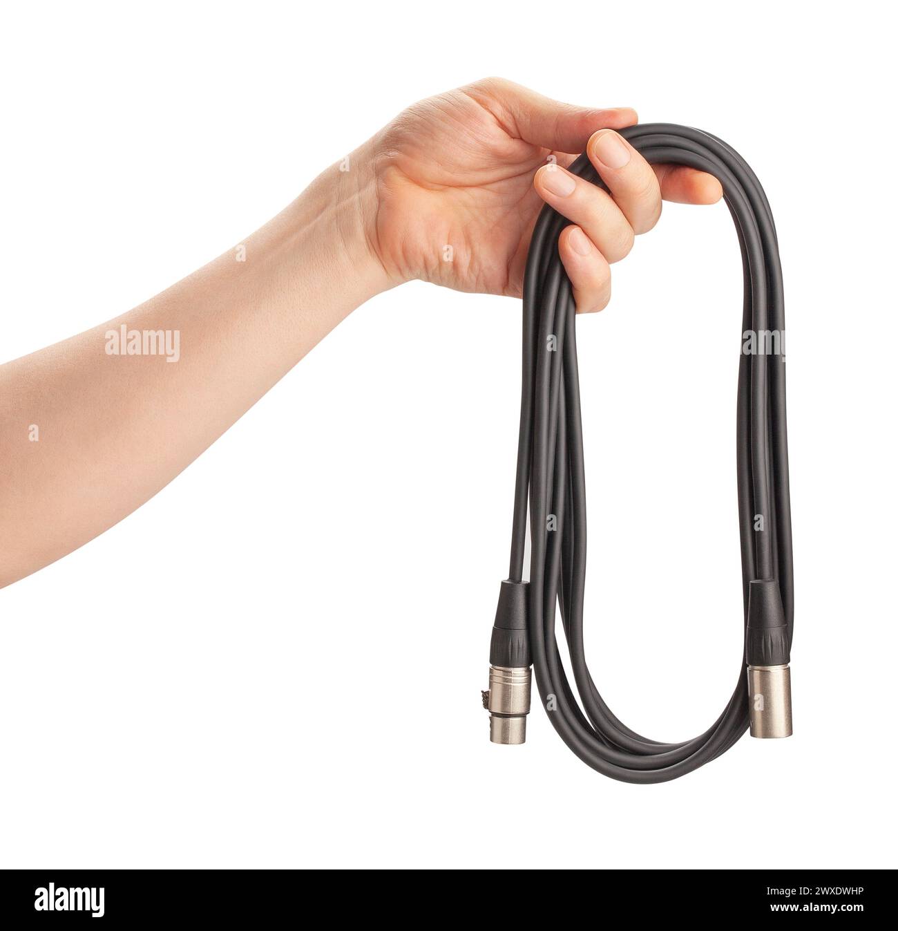 audio xlr cable in hand path isolated on white Stock Photo