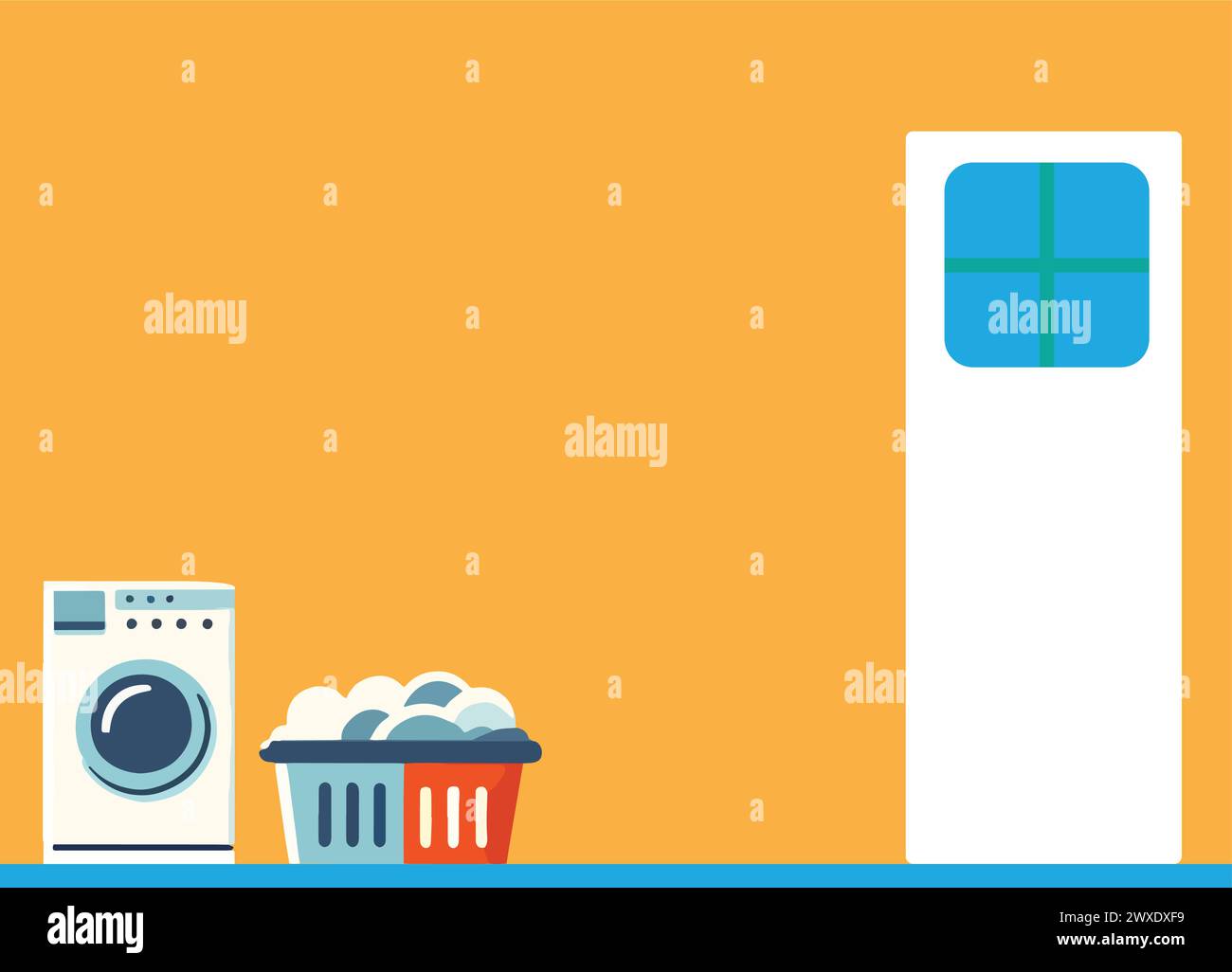 A orange laundry room with a front loading washing machine and a laundry basket with clothes in it. There is a white door in the background. Stock Vector