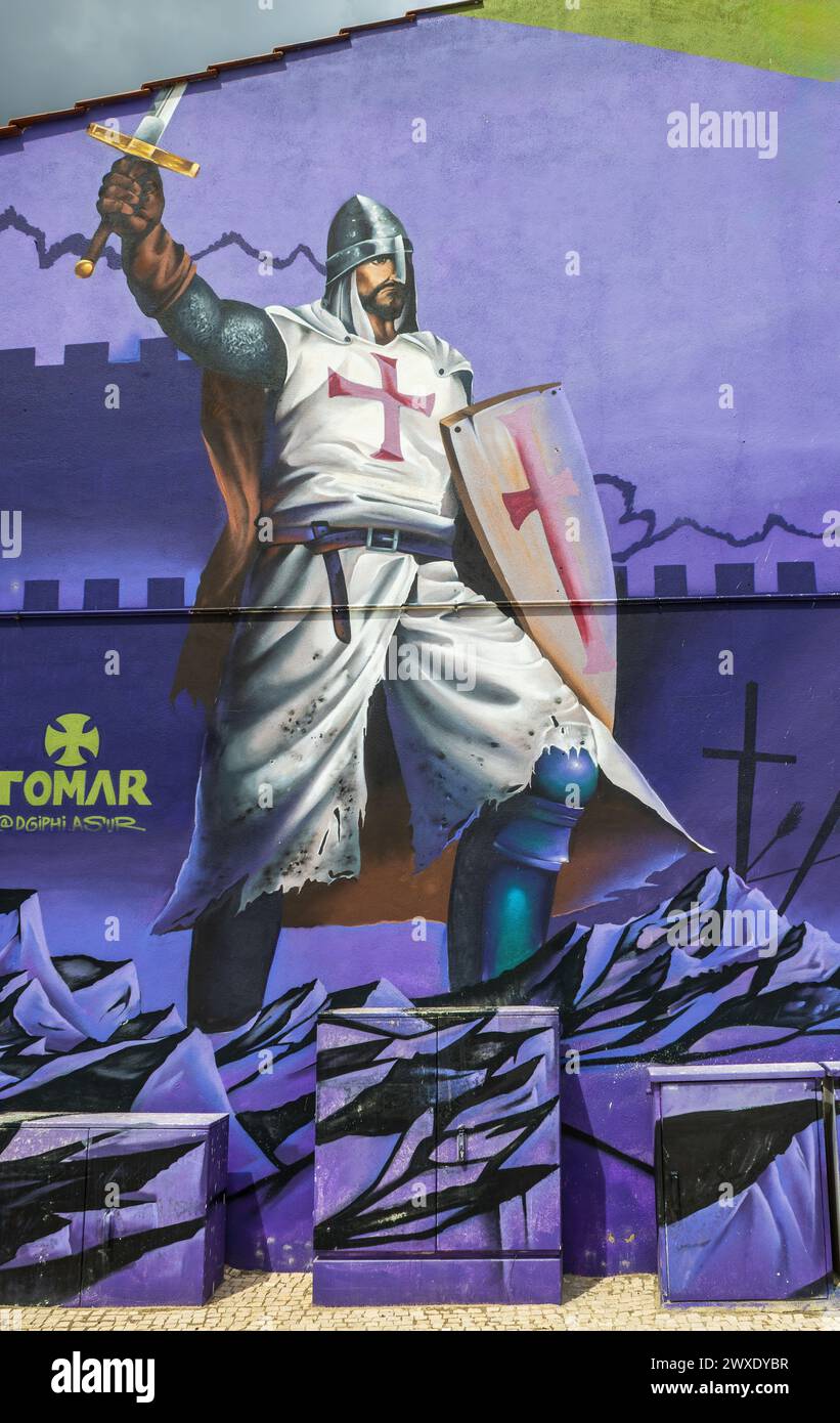 Templar Themed Mural - Street Art in Tomar Stock Photo