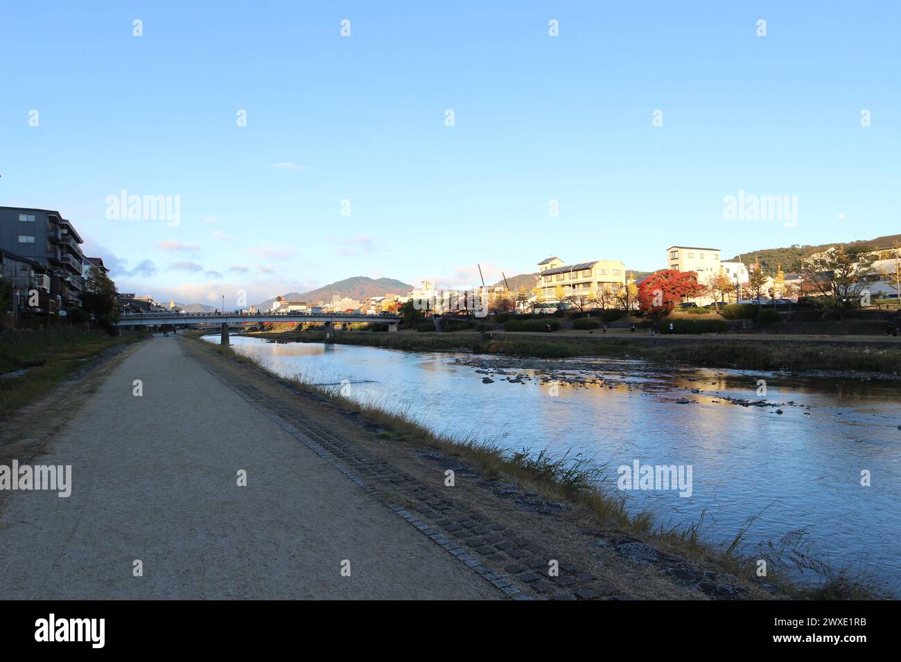 Autumn scenery along Kamogawa River in Kyoto, Japan Stock Photo