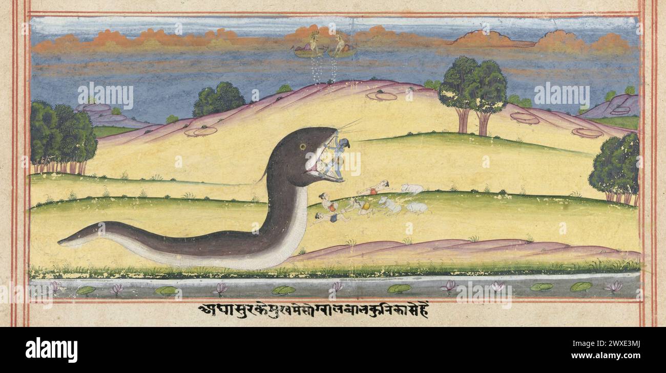 Indian miniature drawing depicting Krishna killing snake demon Aghasura.A large snake in a bright yellow / pale green hilly landscape with diminutive people and cows; in the open mouth of the snake is Krishna and two other figures. Cloudy sky in the background withgods scattering flowers from 2 boats. In the foreground, a river with lotus flowers. The scene is framed horizontally by two red frame lines and vertically by 2 x 2 red frame lines that extend to the edge of the page and on the back; below the scene a line of text in Indian script. Bikaner (possibly), 18th century. Stock Photo
