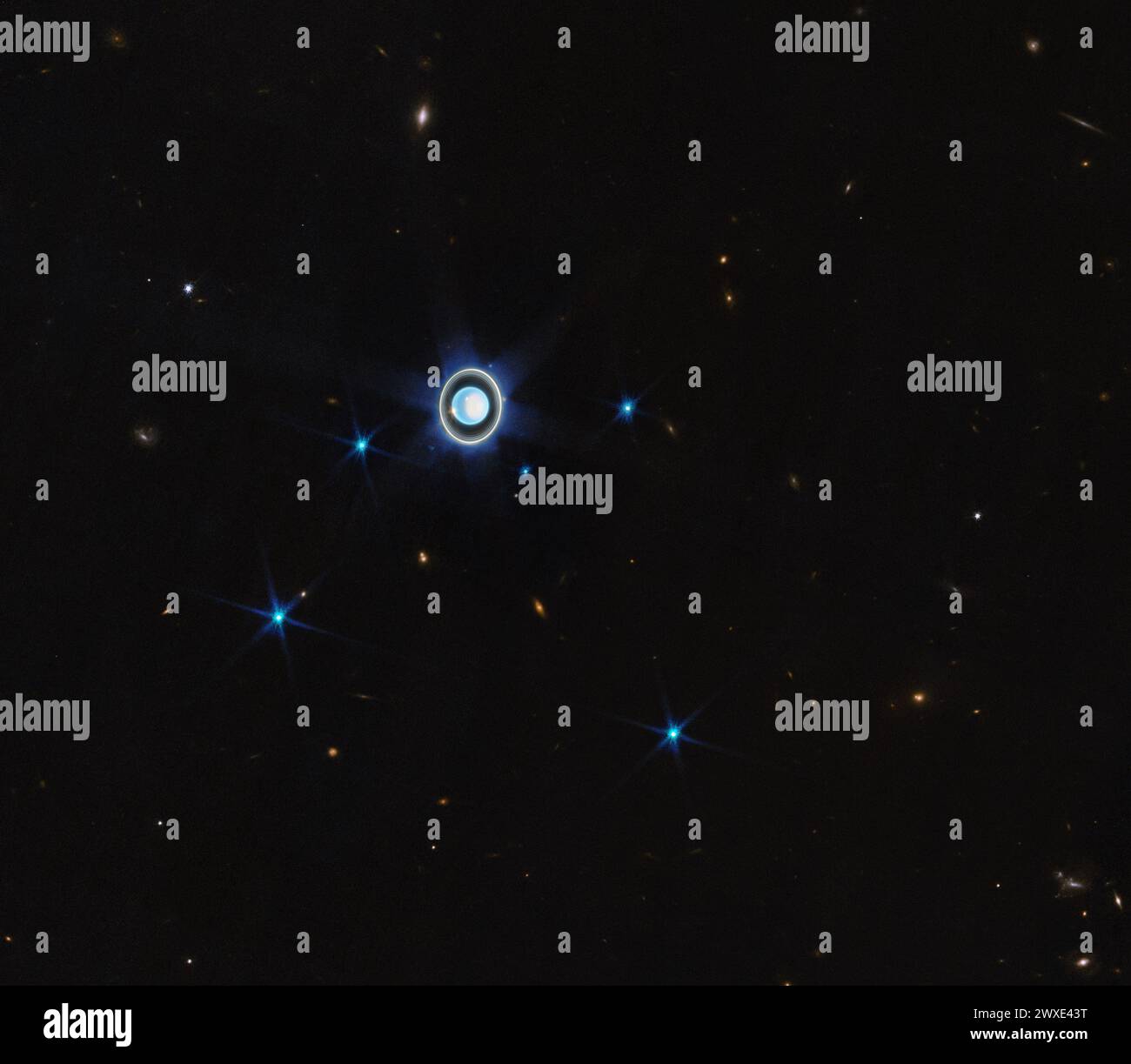 Look out, Saturn! The competition for the best ringed planet is getting larger. This new image of Uranus from NASAWebb displays a prominent ring system. Also in view: a white polar cap at the right side of the planet, and two bright spots likely connected to storm activity.  How can the polar cap be on the right, and not the top or bottom? It's because Uranus rotates at a nearly 90-degree angle from the plane of its orbit. This tilt makes Uranus appear to spin on its side. See a wider view: URL Stock Photo