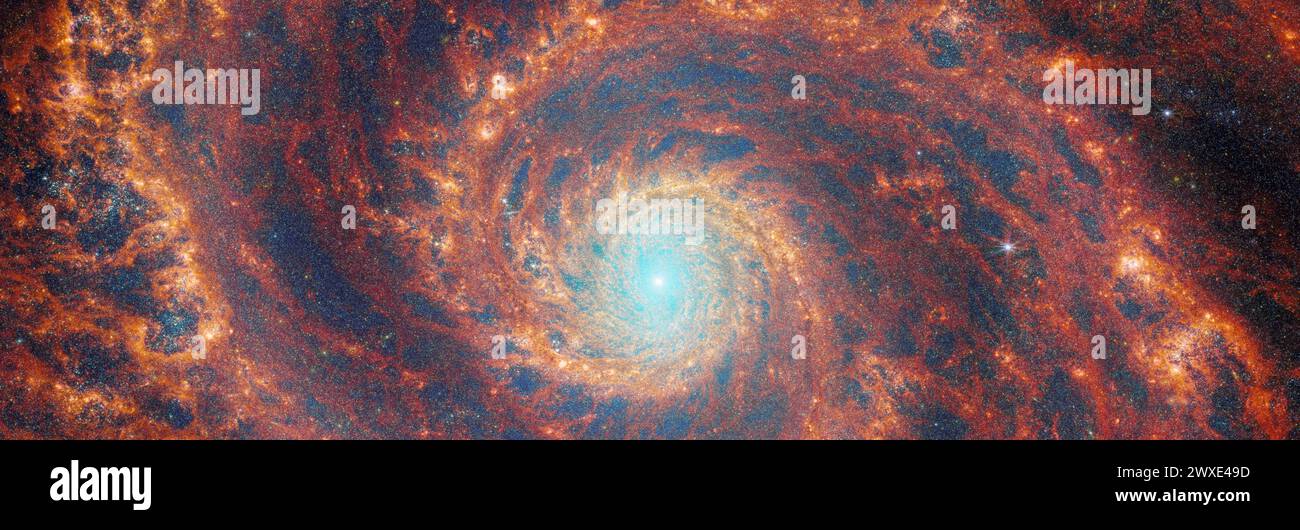 The winding arms of the grand-design spiral galaxy M51 stretch across this image from the NASA/ESA/CSA James Webb Space Telescope. This galactic portrait is a composite image that integrates data from Webb's Near-InfraRed Camera (NIRCam) & Mid-InfraRed Instrument (MIRI). In this image the dark red regions trace the filamentary warm dust permeating the medium of the galaxy. The red regions show the reprocessed light from complex molecules forming on dust grains, while colours of orange and yellow reveal the regions of ionised gas by the recently formed star clusters.  Credit: NASA Stock Photo