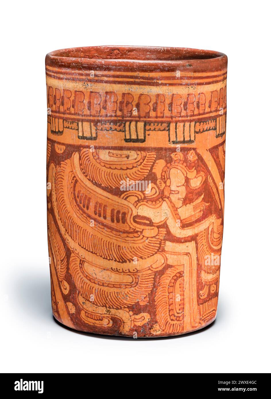 Polychrome Cylinder Vessel with Avian Dancers Honduras, Ulœa Valley, Maya, 650-750 CE. Slip-painted ceramic. 15.5cm diameter. Stock Photo