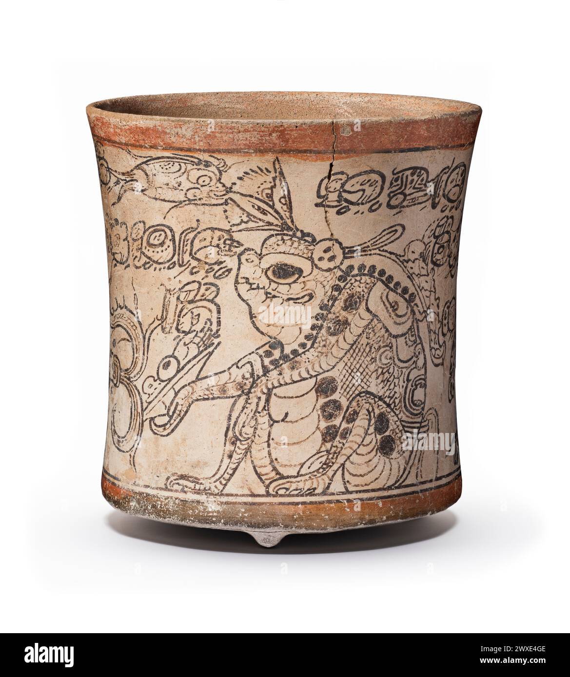 Polychrome Drinking Vessel Depicting Otherworldly Toad, Jaguar, and Serpent. Mexico, Southern Campeche, Maya, 650-800 CE  Vessel depicting highly esoteric scenes describing the fundamental concepts of Maya religious belief and practice and the special role of kings as participants in the supernatural realm.  Elegantly painted ceramic vessels constituted the premier form of artistic expression during the Late Classic period (550-850 AD) of ancient Maya civilisation, and none were more beautifully painted than those known as codex style. Stock Photo