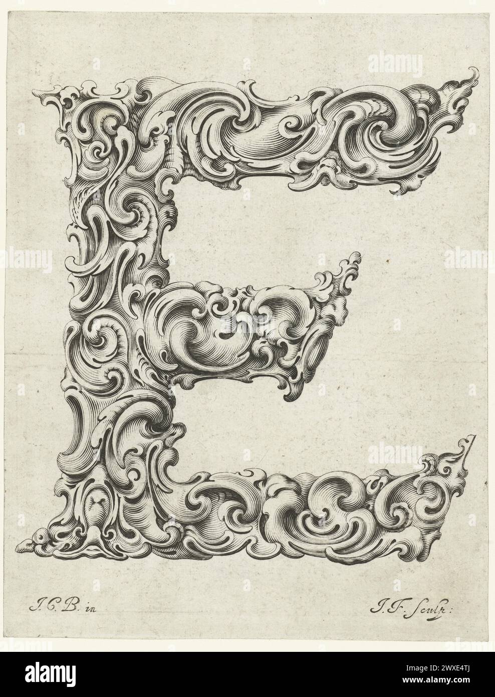 Lithographic print. Letter E Jeremias Falck, after Johann Christian Bierpfaf, c.1645-50.  Libellus Novus Elementorum Latinorum Stock Photo