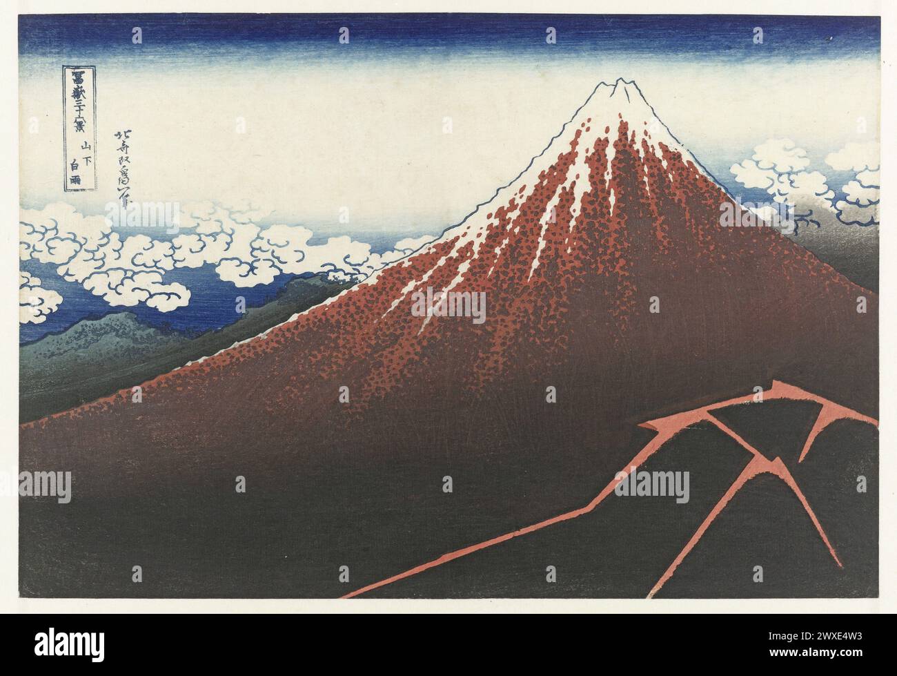 Shower Below the Summit (Sanka hakuu), from the series Thirty-six Views of Mount Fuji (Fugaku sanjurokkei). Japanese woodcut print. By  Katsushika Hokusai, Japan, 1829 - 1833 Stock Photo
