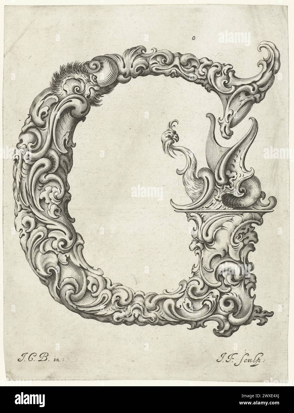 Lithographic print. Letter G Jeremias Falck, after Johann Christian Bierpfaf, c.1645-50.  Libellus Novus Elementorum Latinorum Stock Photo