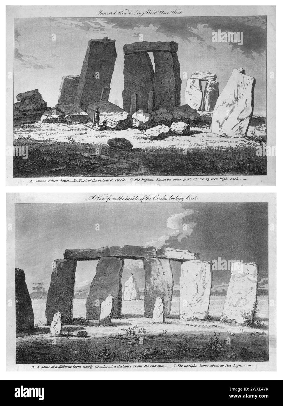 Two nineteenth century lithographic prints of Stonehenge.   Stonehenge is a prehistoric monument on Salisbury Plain in Wiltshire, England, two miles west of Amesbury. It consists of an outer ring of vertical sarsen standing stones, each around 13 feet high, seven feet wide, and weighing around 25 tons, topped by connecting horizontal lintel stones Stock Photo